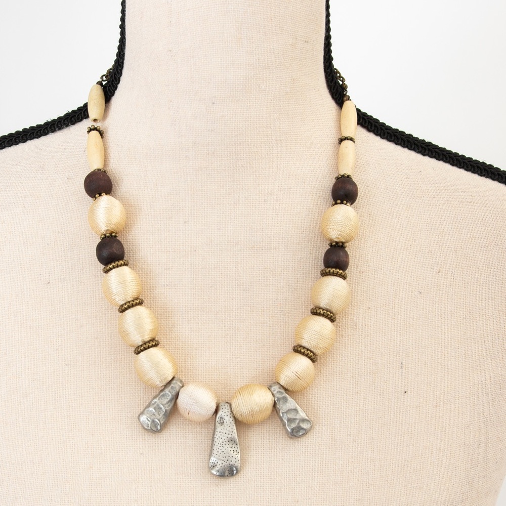 Beaded necklace with hammered metal look & unique beads vintage necklace
